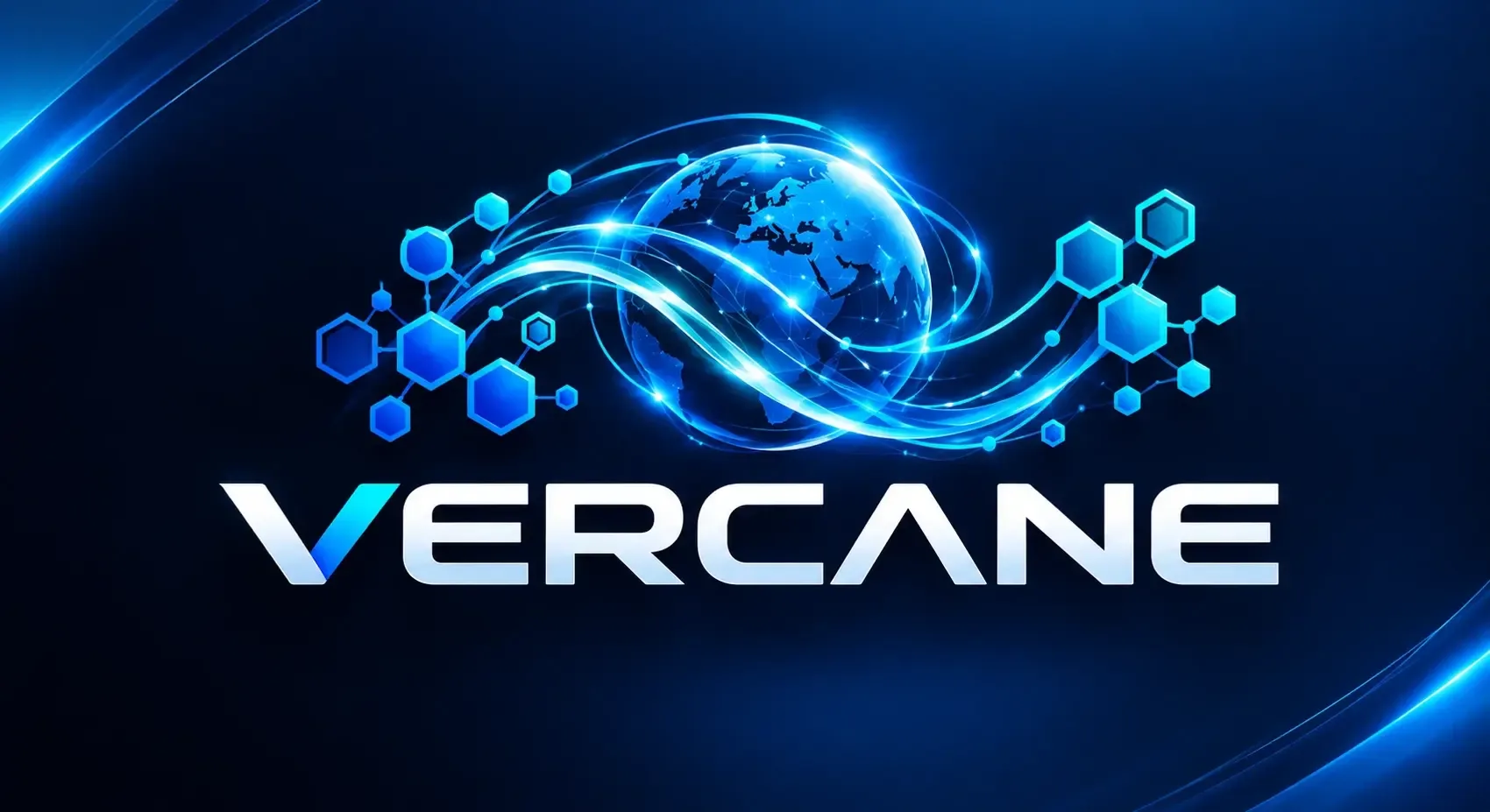 Logo Vercane : un globe relié à des réseaux de nœuds hexagonaux